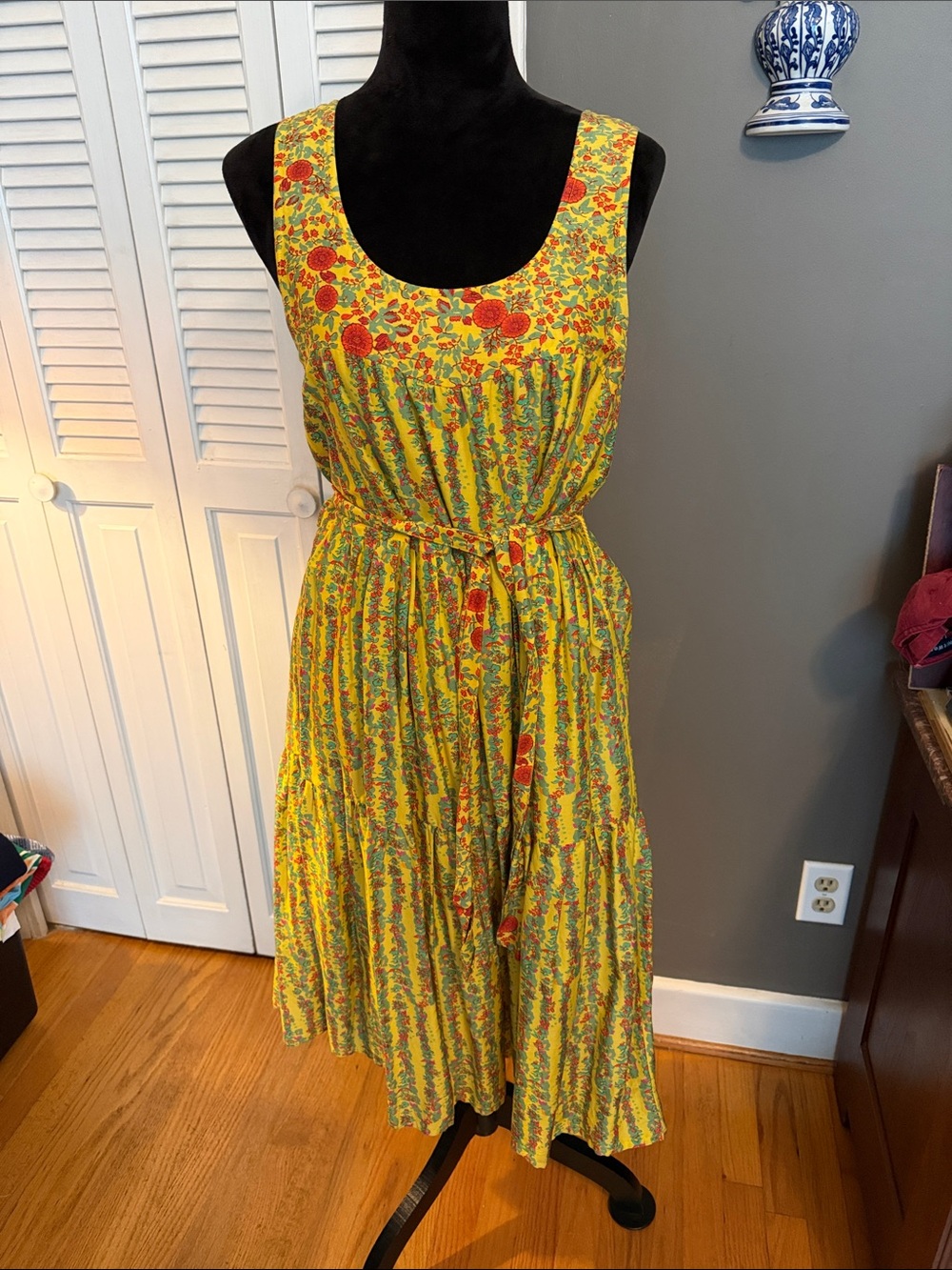 Roller Rabbit Yellow Floral Scoop-Neck Tie-Waist Midi Dress